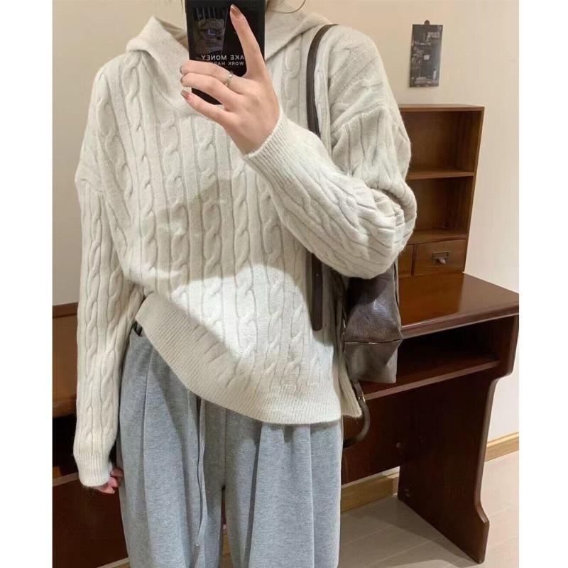 

Retro twist hooded sweater women s autumn and winter lazy loose casual soft waxy new solid color pullover knitted sweater One size бежевий