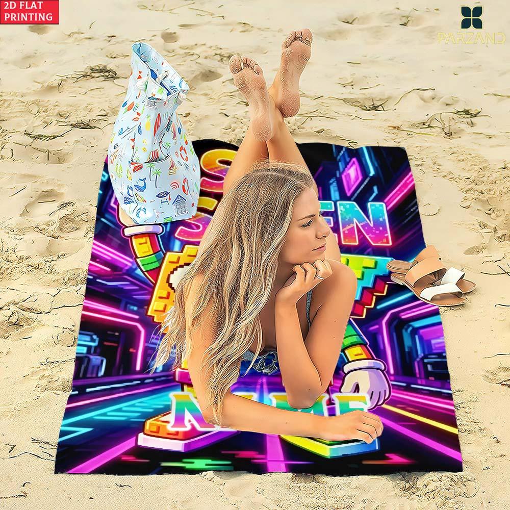 1pc Neon Pixel Number 67 Personalized Name Beach Towel, Cyberpunk Kids Summer Pool Towel