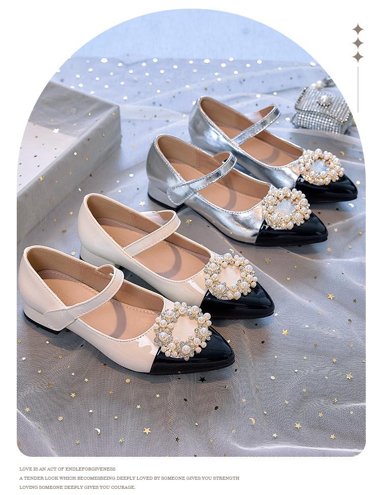2025 New Princess Shoes French Pearl Round Buckle Velcro Girls Single Shoes Foreign Style Flat Bottom Princess Small Leather Shoes Women