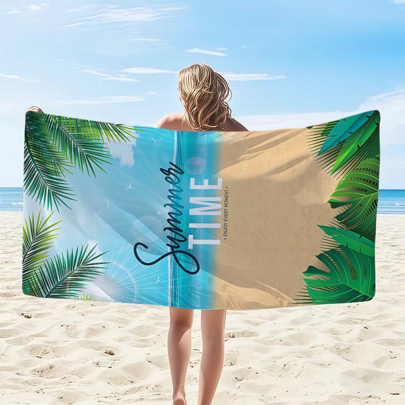 Newest Summer Time Palm Leaf Beach Scene Print Microfiber Beach Towel, Lightweight Quick Dry Towel for Travel Swimming Pool