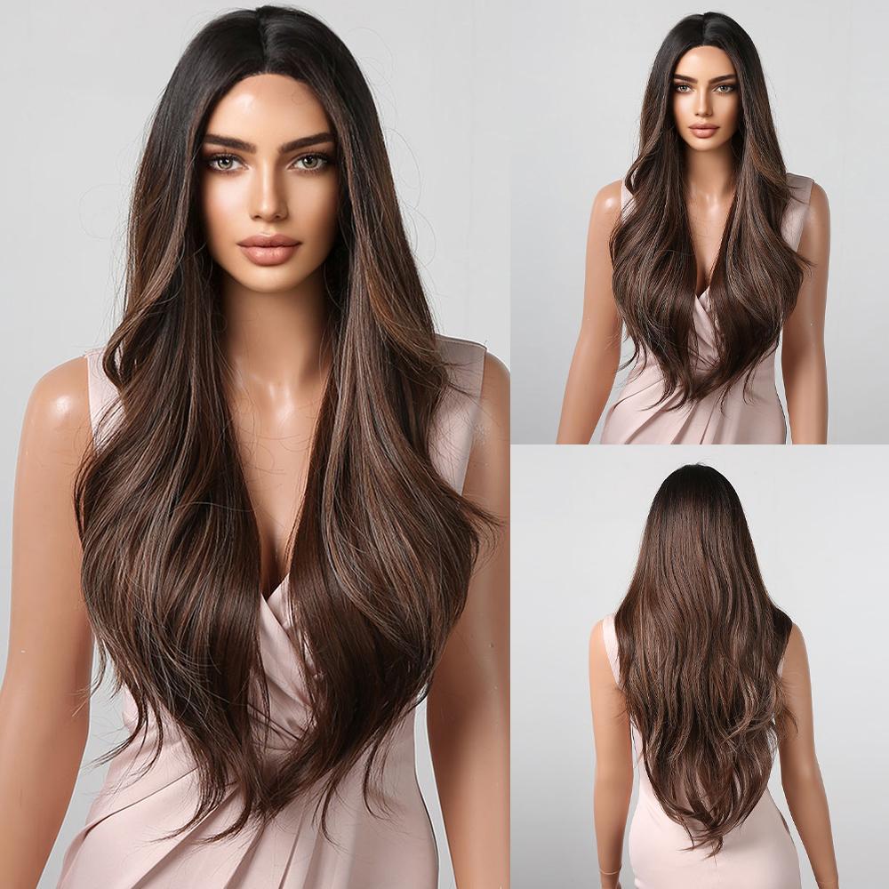 Brown Highlights Synthetic Wigs Hairline Lace Frontal Wave Layered Wigs for Women Ladies Daily Use Natural Wigs Heat Resistant