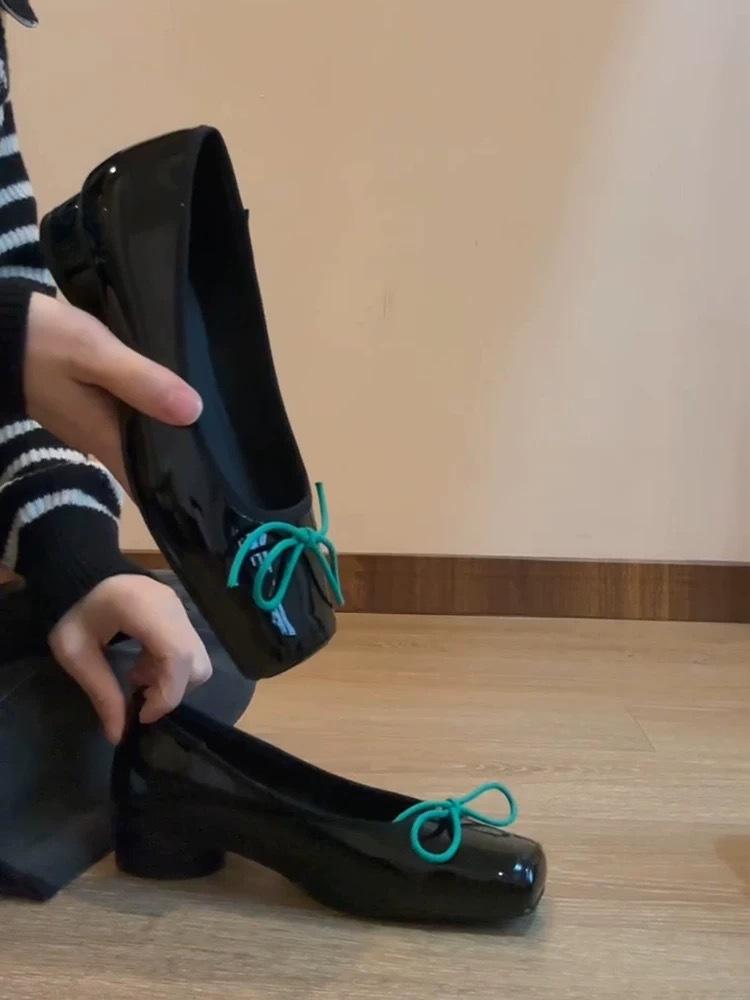 

French leather light mouth square head bow ballet shoes women s 2025 spring new versatile thick heel ladyshoes single shoes 40 чёрный