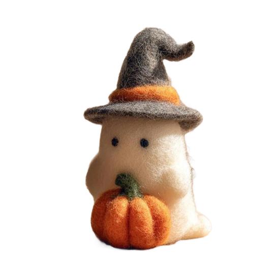 Handmade Felt Halloween Ghost Pumpkin with Wizard Hat Wool Felted Ghost Ornament for Halloween Home Shelf Desk Decor
