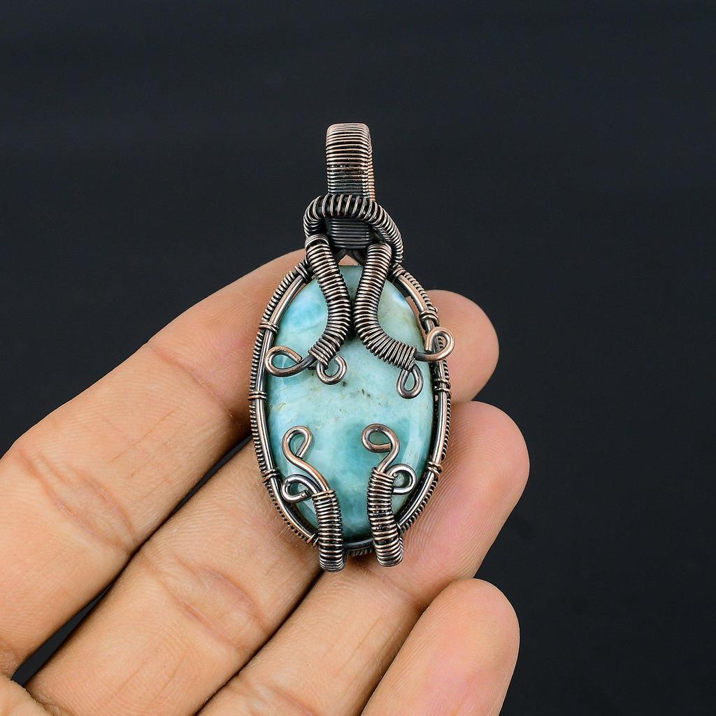 Larimar Pendant Gemstone Jewelry, 999 Copper Wire Wrapped Pendant, Handmade Jewelry Birthstone Pendant, Gift For Him