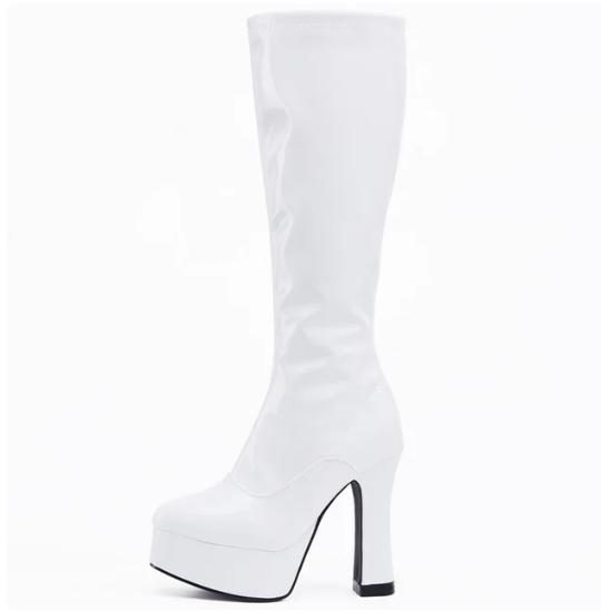 Fashion FHC Women Retro GoGo Knee High Boots,Unisex Stage Cosplay Shoes,Man Fetish Botas,12cm Chunky Heel,Side Zip,Black,Red,Pink,White