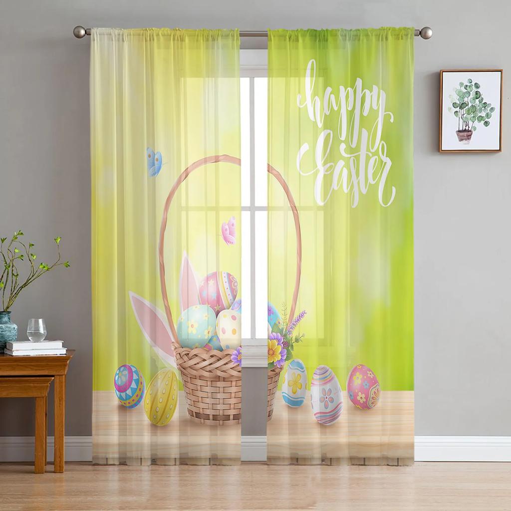Happy Easter Curtains Bedroom Living Room Festival Decor Flower Bicycle Cartoon Rabbit Tulle Curtain Window Drapes Light Filtering Polyester Ideal For