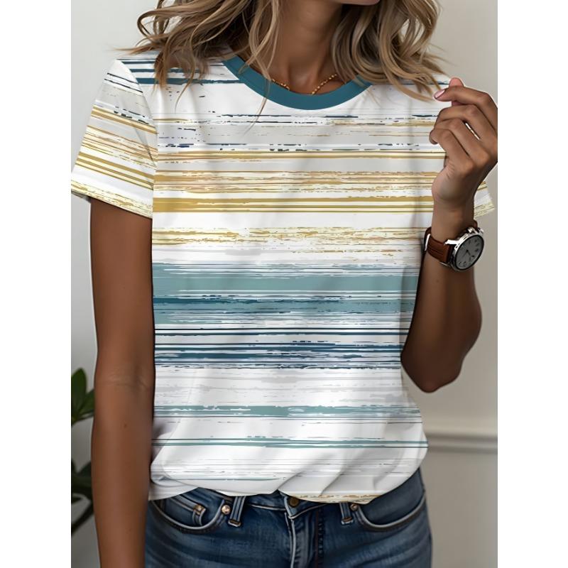 Women s retro contrast striped textured printed short-sleeved T-shirt S