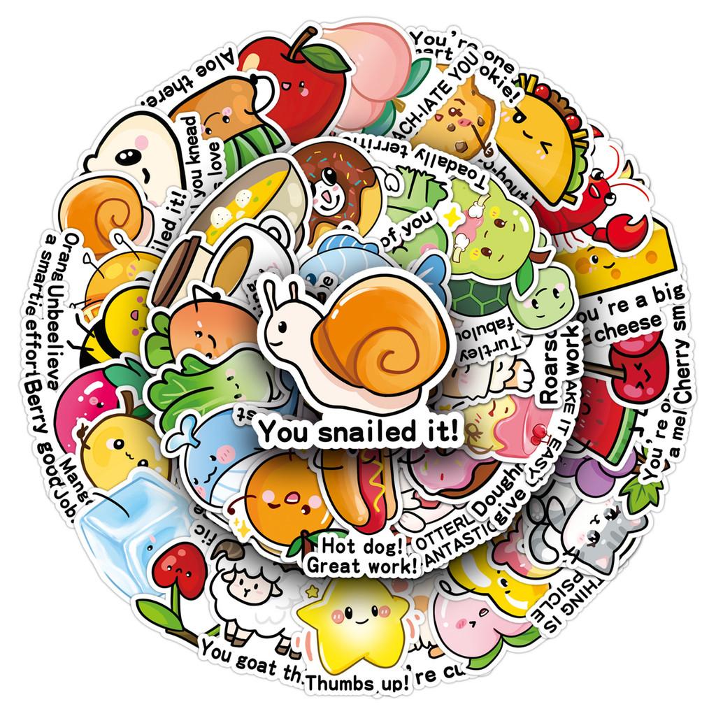 50-Piece Original English Reward Stickers - Hand-Drawn Non-Infringing Cute Cartoon Playful Decals for Stationery, Water Bottles