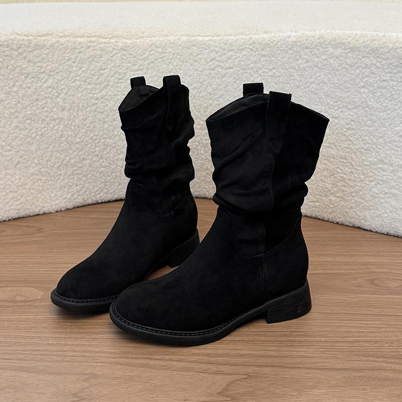 Soft Leather Version~ Western Pleated Short Boots Women'S Stacking Boots Retro British Style Small Inner Height Increase Short Martin Boots