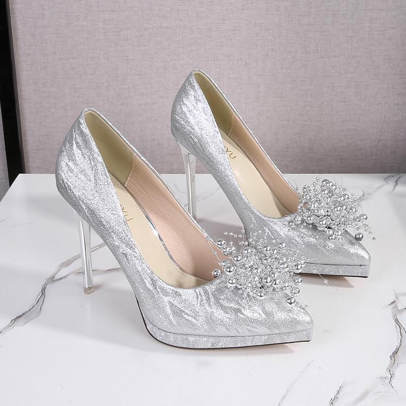 

Модные туфли-лодочки женские блестящие жемчужный цветок острый носок высокие каблуки вечерние сандалии для ночного клуба свадебная женская обувь 35