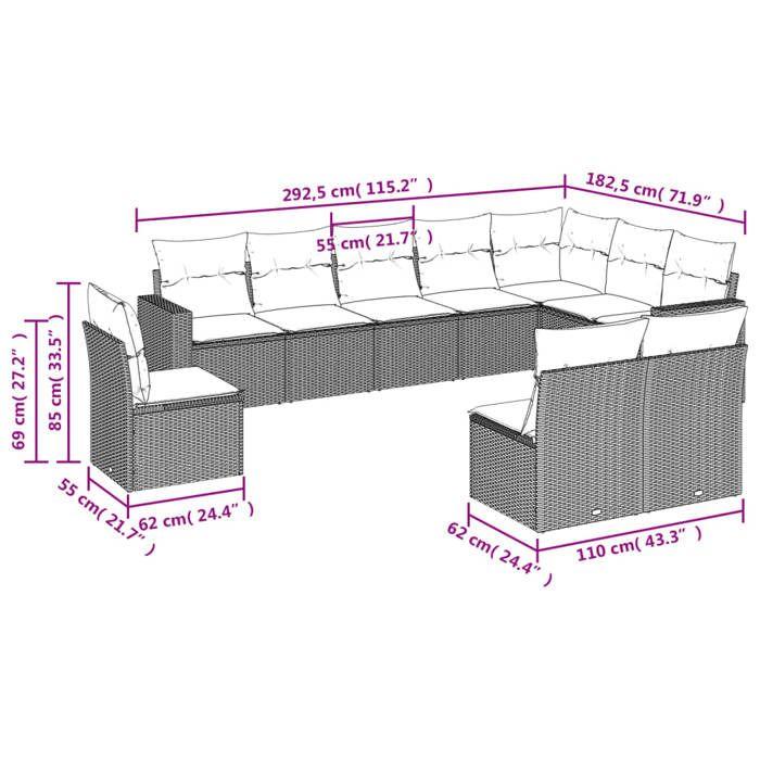 VidaXL Salon de jardin 10 pcs avec coussins noir résine tressée 3251442
