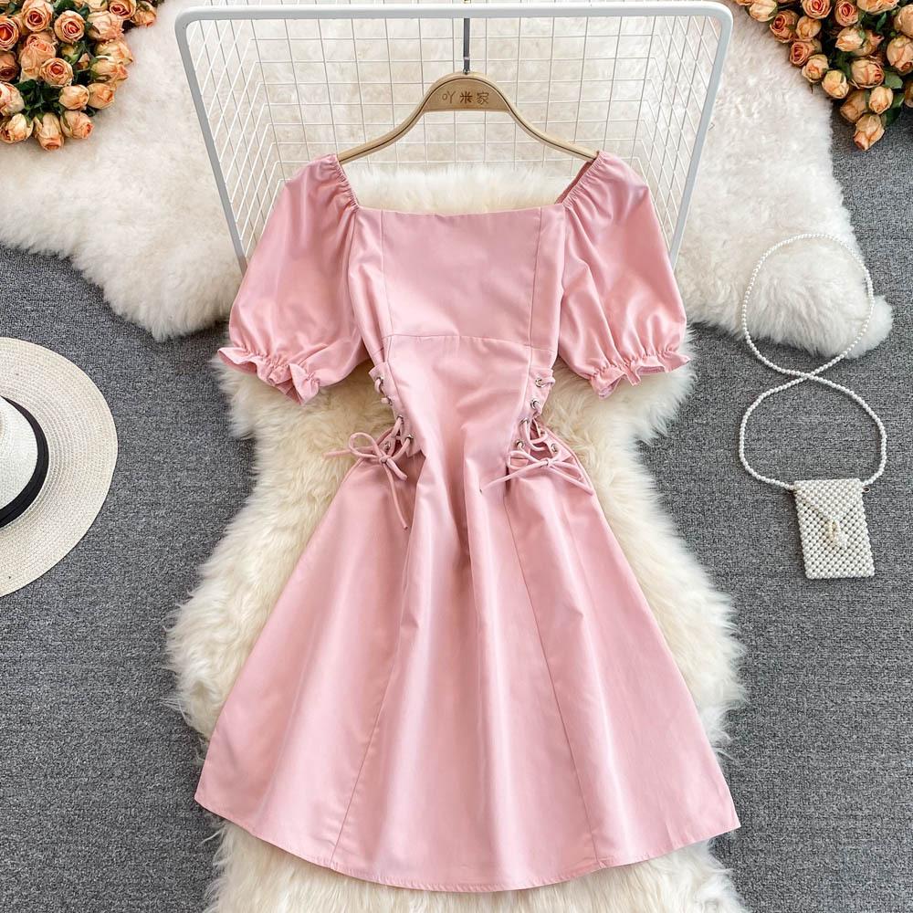 YYFS Damenmode Sommer Frühling Einfarbiger Druck Kurzarm Quadratischer Kragen Hohe Taille Freizeitkleider