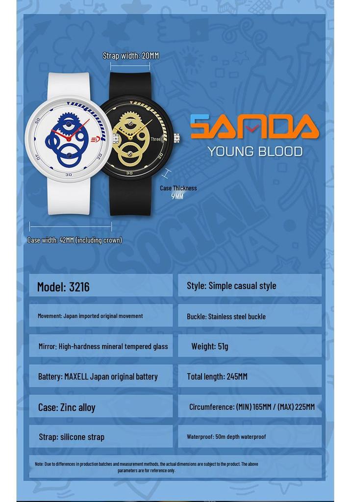 SANDA Waterproof Quartz Wristwatch - Simple, Lightweight, Versatile, Korean-Style for Students, Men, Women, and Children.