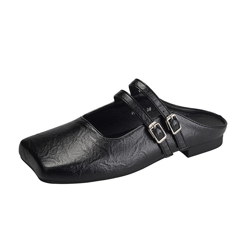 Fashion  Designer Double Band Women Slippers Square Toe Leather Slides Shoes Woman Mules Outdoor Summer Sandalias Pantuflas Mujer