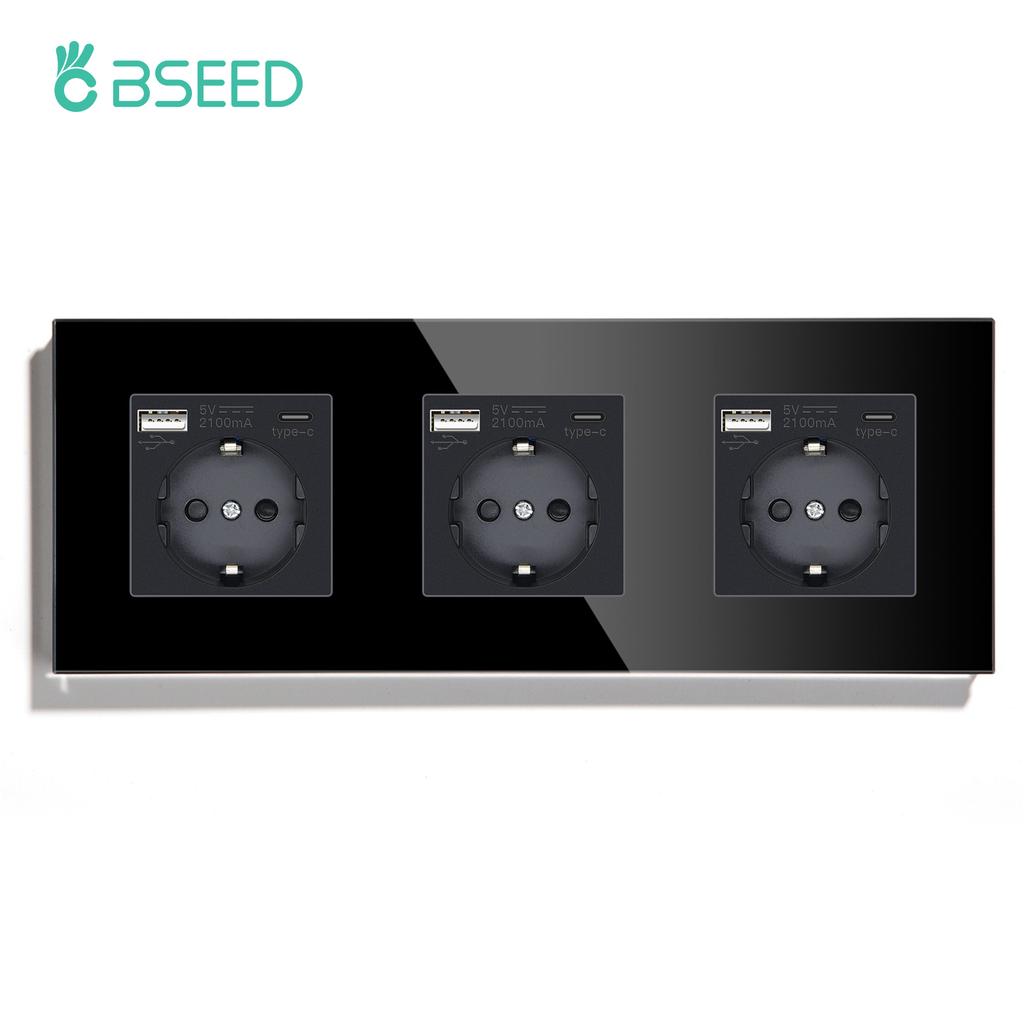 BSEED 1/2/3fach Touchschalter 1-Weg Lichtschalter mit EU-Wandsteckdosen USB Typ-C Steckdosen Glasplatte Schwarz