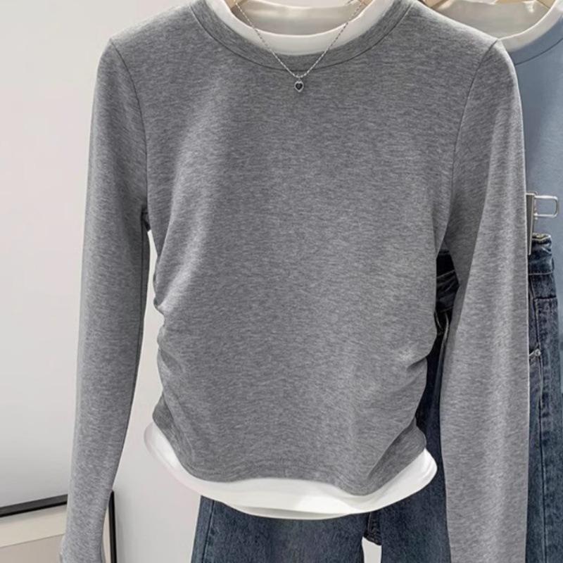 Spring New Round Neck Contrasting Fake Two Pieces Pleated and Thin Irregular Long Sleeves Women Small Age Reduction Trendy Cool