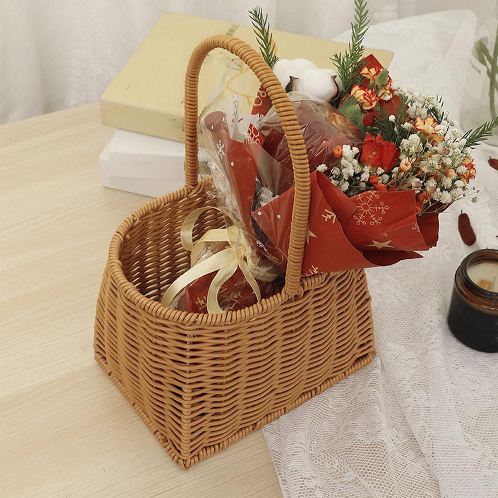 Portable Woven Basket with Handle PP Rattan Hand Woven Hamper for Fruits Vegetables Gifts