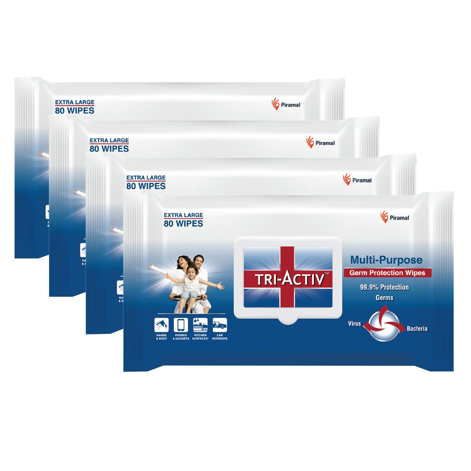 

Влажные салфетки Tri-Activ многоцелевые для защиты от микробов, упаковка из 4 штук | Дезинфицирующие влажные салфетки на 33% больше для очистки