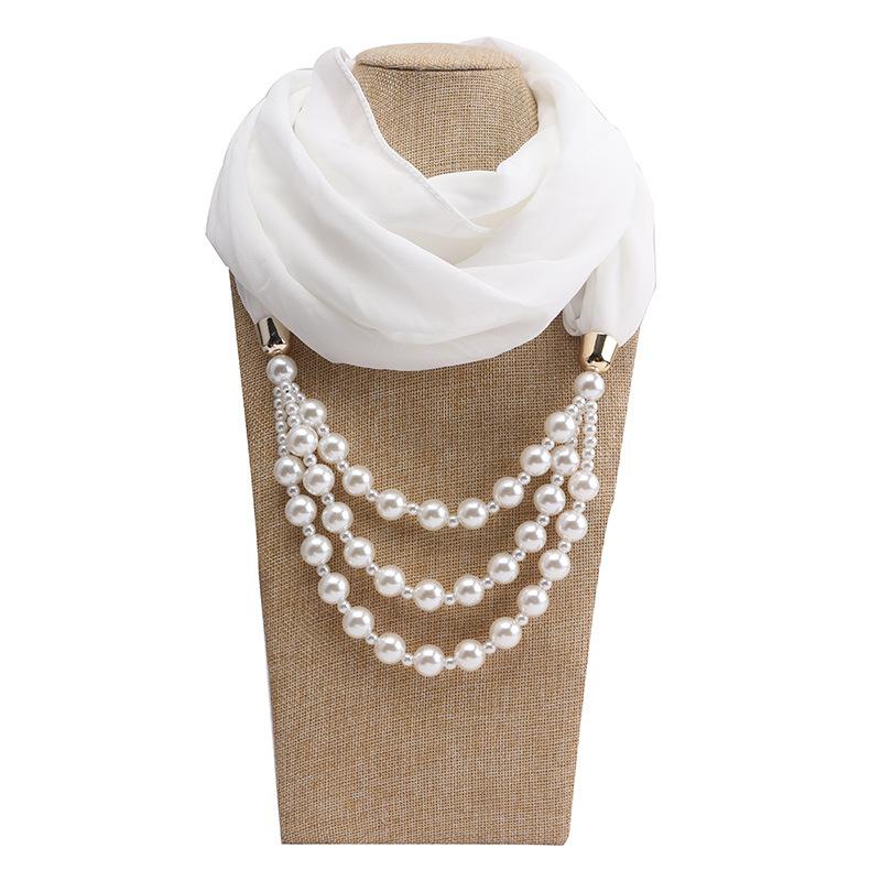 Elegant Chiffon Scarf Necklace with Double Layer Pearl Beads – Classic Women’s Fashion Accessory for Everyday & Formal Wear