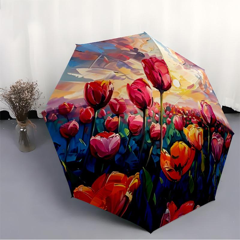 1PC Tulips Sunset Automatic Folding Umbrella, Portable & Foldable Design with 8 Ribs, 32