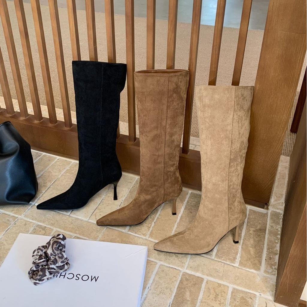 European and American style fashion pointed high boots simple temperament solid color straight boots 2025 new versatile high heels boots women