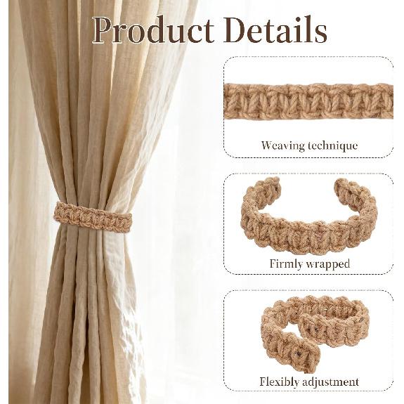 4pcs Braided Curtain Tiebacks Boho Curtain Holdbacks Farmhouse Tie Backs Holders for Home Bedroom Office Drapes Curta (Linen)