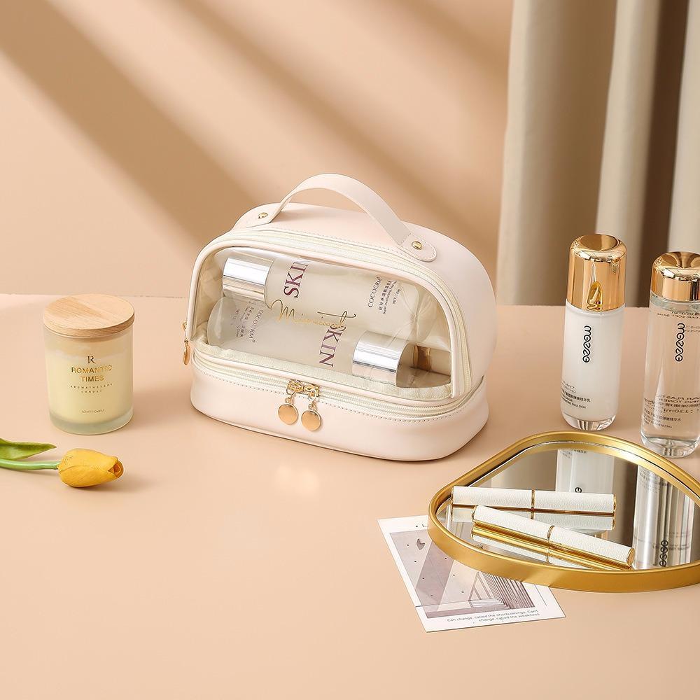 PU Double-Layer Transparent Makeup Bag - Large Capacity, Waterproof, Portable Toiletry Bag for Travel, Multi-Layer Storage