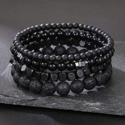 4 pezzi bracciali da uomo in pietra naturale nero elastico liscio corda impilabile regolabile multistrato