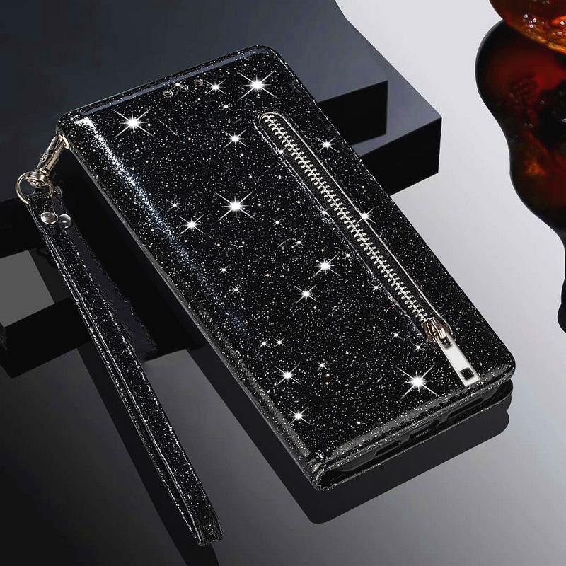 Custodia a Portafoglio Flip in Pelle con Zip Glitterata Per Samsung A57 A37 A17 A56 A36 A26 A16 A55 A35 A25 A15 A54 A34 5G S21 FE S22 S23 S24 Plus S25 Edge S26 Ultra