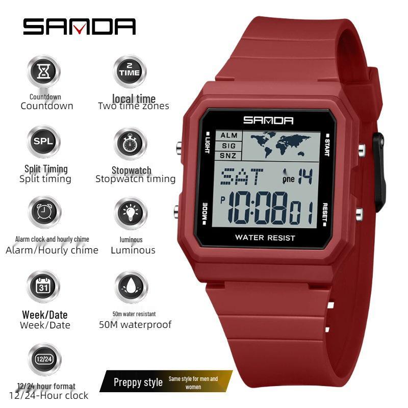 SANDA Youth Sports Luminous Waterproof Multifunction Watch with World Time & Alarm