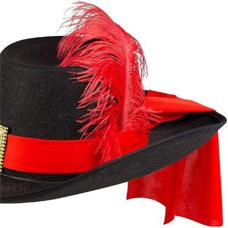 Feathered Musketeer Character Hat with Cloth Construction, Hatband and High Profile for Halloween Costume Parties