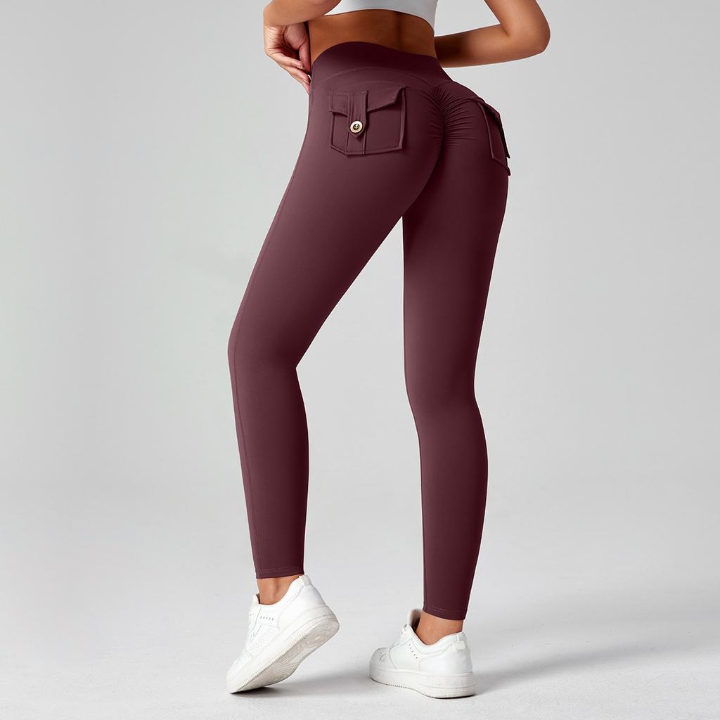 Fitness Leggings With Pocket Sports Yoga Pants Scrunch Buttons Peach Hips Workflow High Waist Running Gym Tights Women