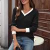 Women's Casual And Fashionable V-neck Contrast Color Long-sleeved Top