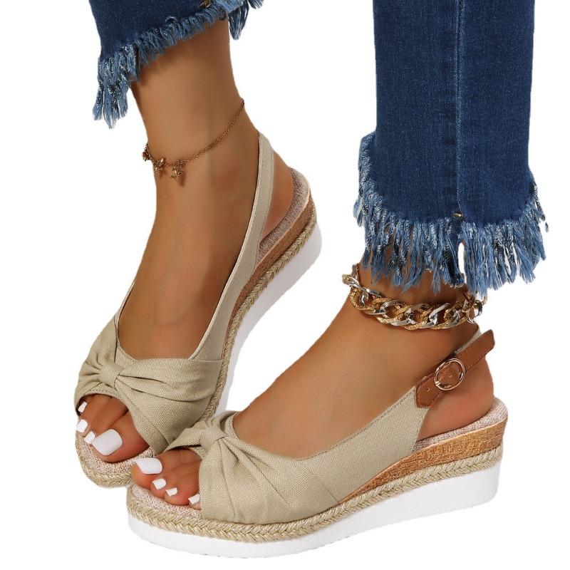 Wish Large Size Women's Wedge Heel Sandals Women's Summer New Casual Muffin Wear Bow Fish Mouth Sandals