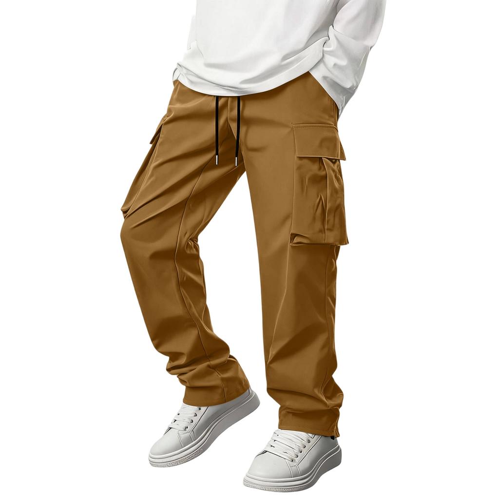 Men Casual Slim Fit Straight Leg Outdoor Multi Pocket Cargo Pants Lightweight Breathable Drawstring Waist Long Trousers