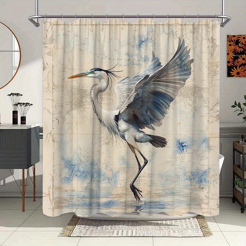 

1Pc Artistic Great Blue Heron Shower Curtain With Vintage Map Background - Polyester Fabric, 12 Hooks, 70X70 Inches, Watercolor W60H190(CM)-1 Pcs