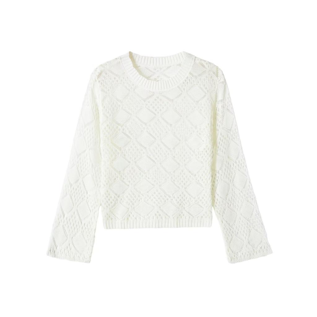 European and American style, new women's clothing, foreign style, long-sleeved round neck hollow knitted blouse 3921032