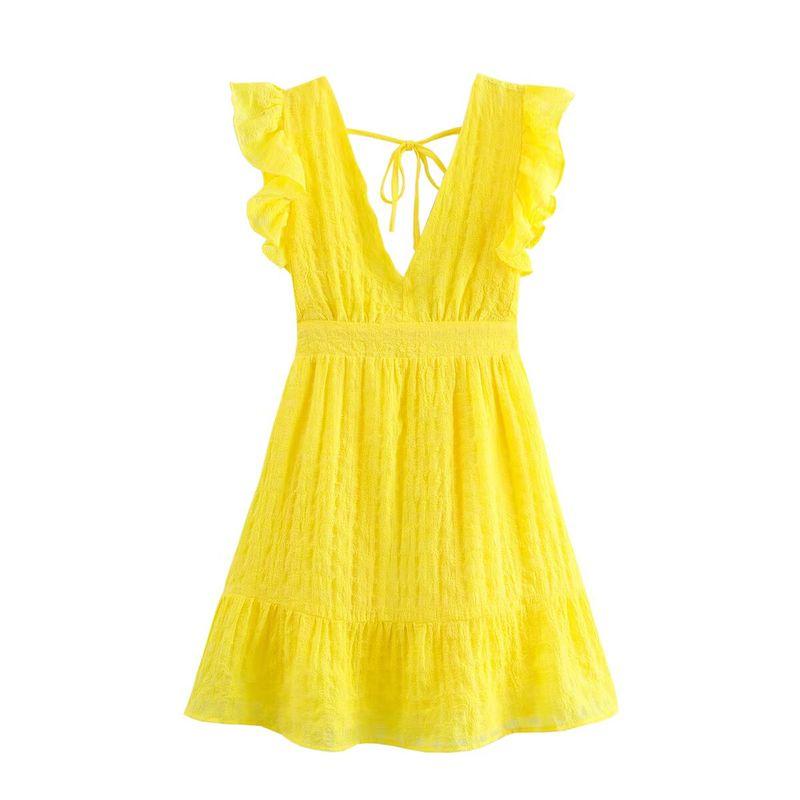 

Kaslead New Arrival Women s Clothing Fashion Style Fashion Simple and Short Pure Color Tied Dress Yellow L