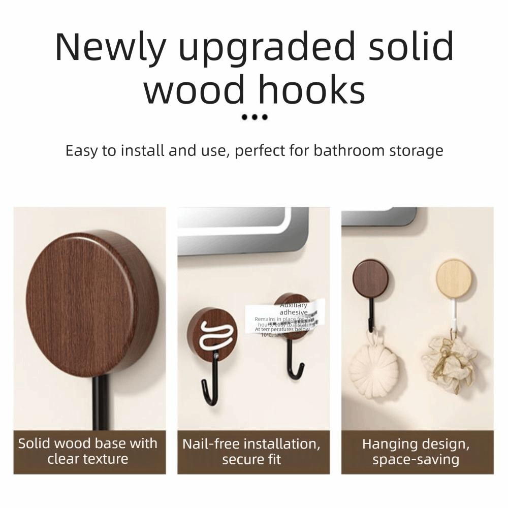 No Drilling Wall Mount Hook Self-Adhesive Reusable Wood Hook Solid Wood Walnut Finish Bathroom Hook Kitchen Organization