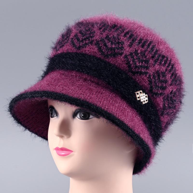 Hat Female Winter Rabbit Hair Warm Eaves Knitted Hat Windproof Plush Old Lady Wool Hat