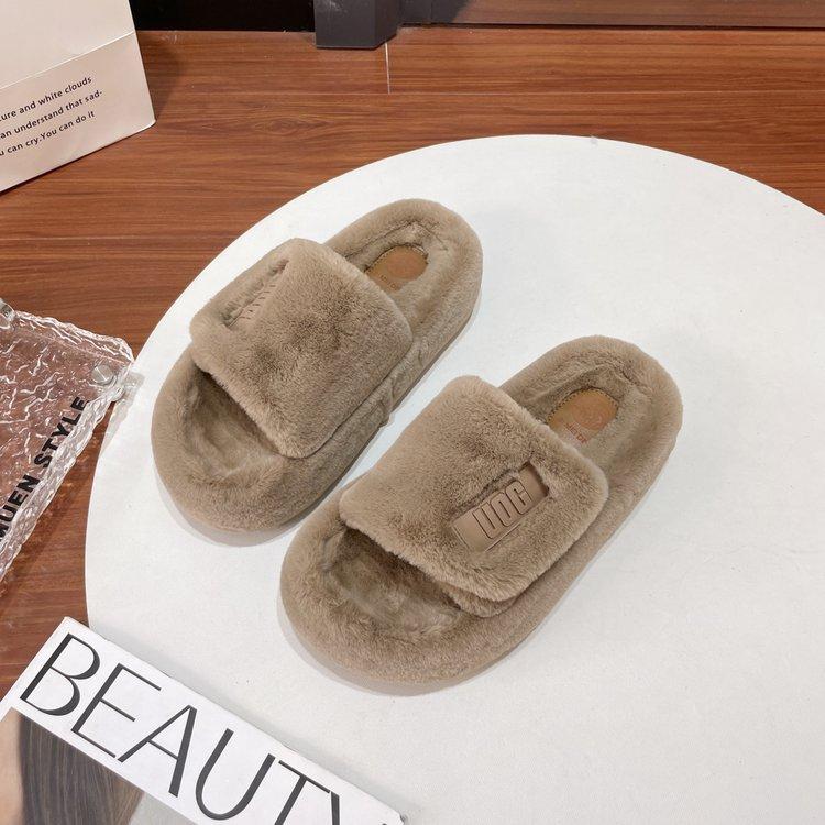 

European muffin thick-soled fluffy shoes for women s 2024 autumn and winter new fashionable versatile open-toed cotton slippers one-word drag 40 хаки