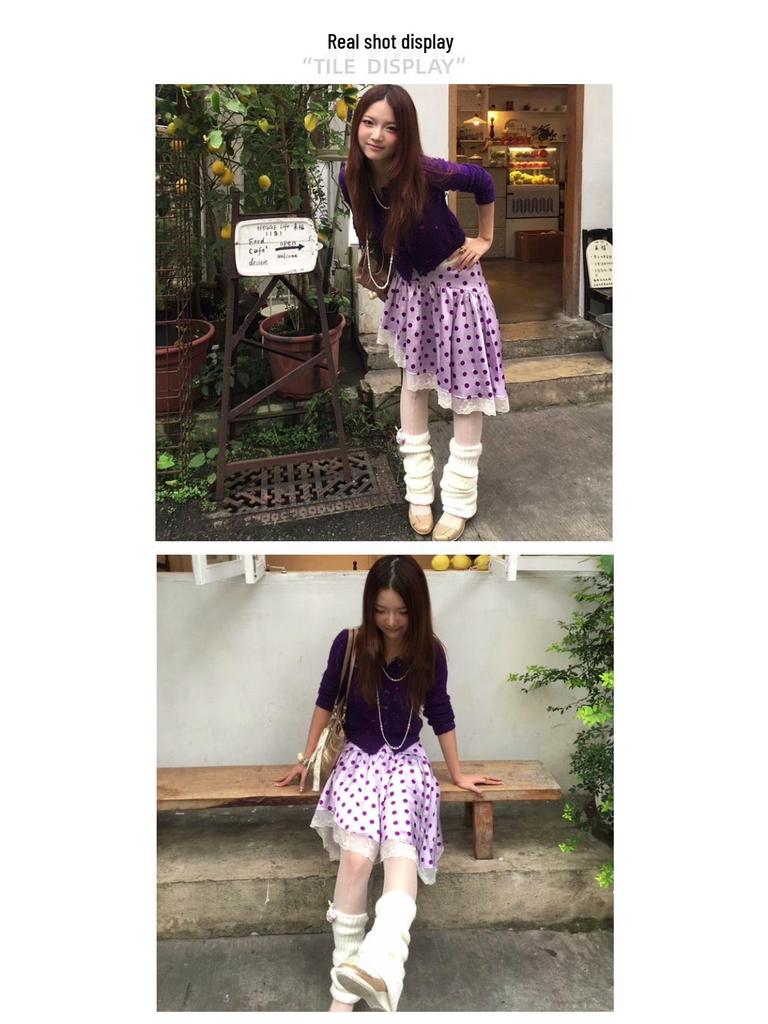 French Retro Asymmetrical Satin Patchwork Skirt with Lace and Polka Dots for Autumn