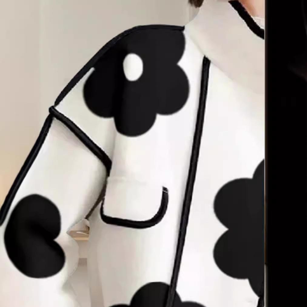 Женское шерстяное пальто 2024 года с цветными блоками, цветочным принтом, длинными рукавами, разрезом, воротником-стойкой