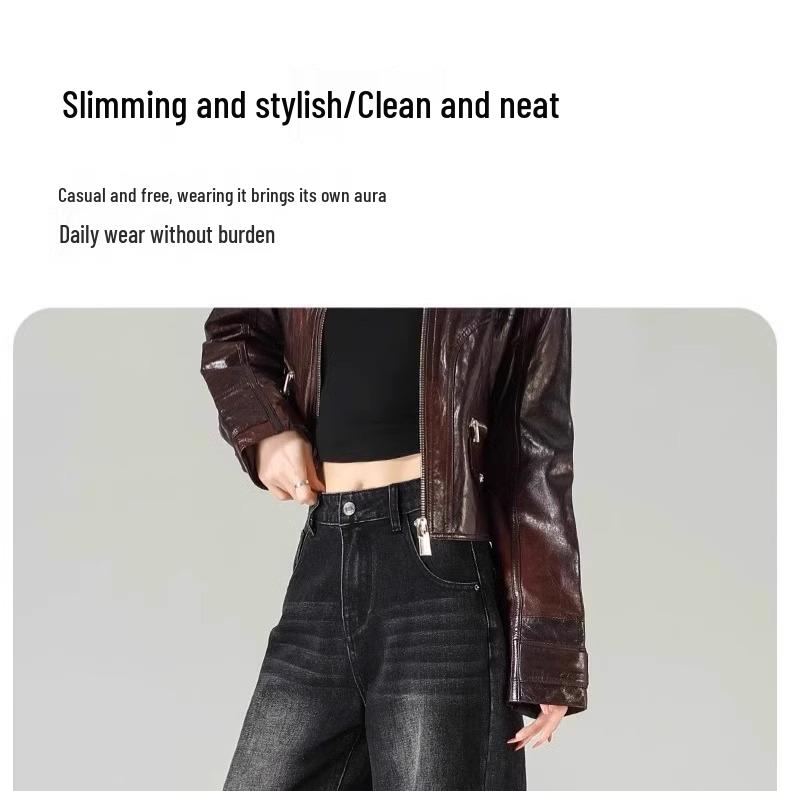 2025 Women's Slimming High-Waisted Black Wide-Leg Jeans - Trendy Loose Fit, Straight-Leg Pants