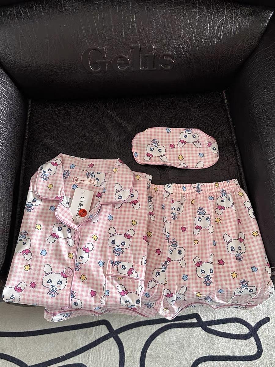 

Princess style pink grid sweetheart Ji girl pajamas summer short-sleeved shorts cardigan two-piece set student dormitory loungewear S