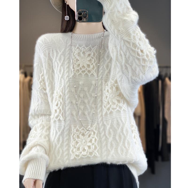 2024 Women's Autumn/Winter 100% Pure Wool Thick Hollow Out Round Neck Sweater