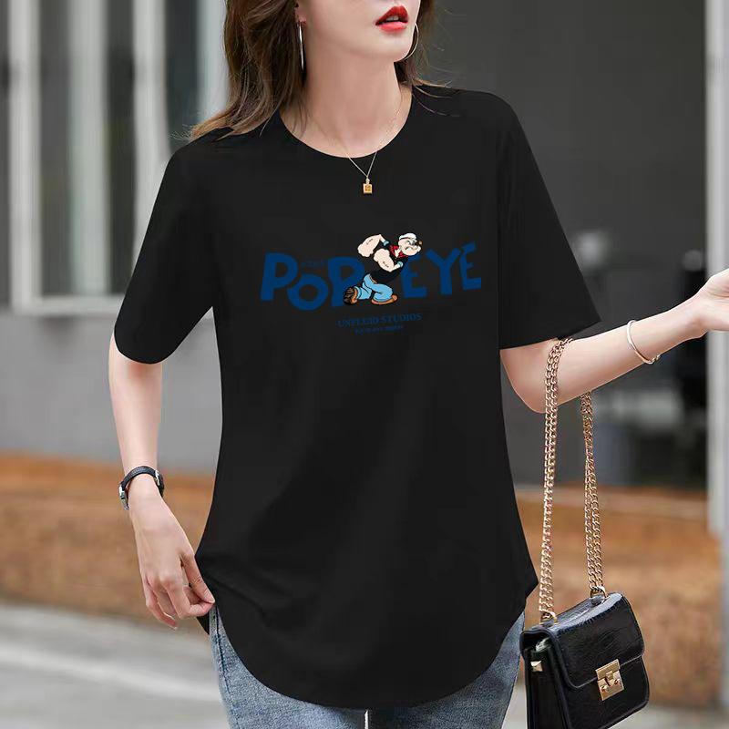 Loose White Cotton Round Neck Short-sleeved T-shirt for Women In Summer Curved Hem Slit Medium-length Style Covering Butt