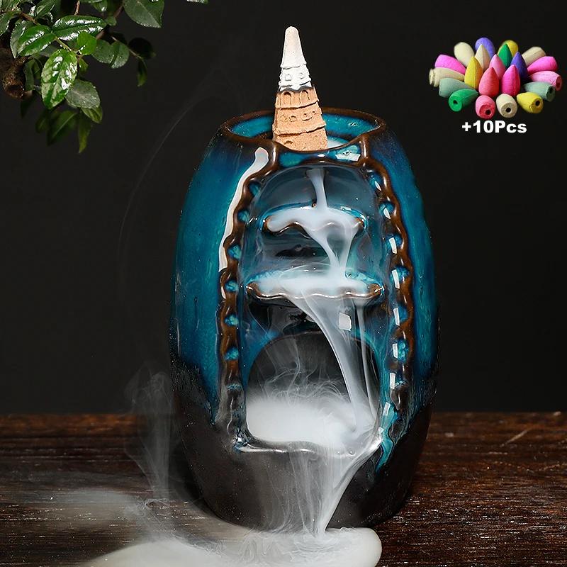Gift 10 Cones Waterfall Incense 2 Size Lucky Ceramic Censer Home Decor Offfice Ornament