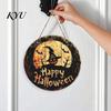 Vintage Witch And Bat Plaque Halloween Wooden Sign, Round Hanging Pendant with Lanyard, Retro Distressed Rustic Wall Decor Wood Skeleton/Pumpkin/Clown