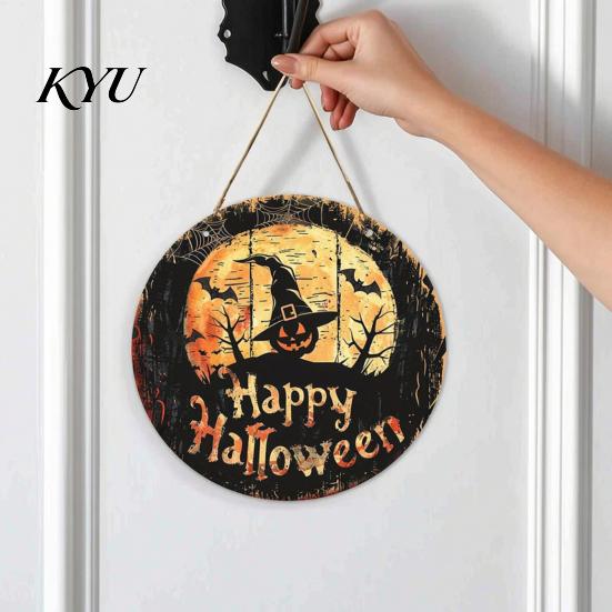 Vintage Witch And Bat Plaque Halloween Wooden Sign, Round Hanging Pendant with Lanyard, Retro Distressed Rustic Wall Decor Wood Skeleton/Pumpkin/Clown